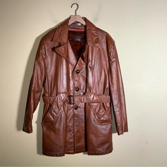 VINTAGE DE LONG 70s Brown Cowhide Glove Leather belted mob wife trench coat XL - Picture 8 of 8